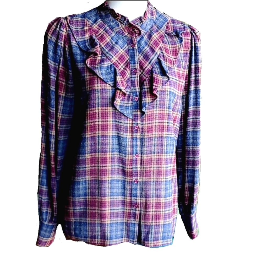 Maison 123 Plaid Burgundy Blue Ruffle Wool Blend Blouse Size Medium